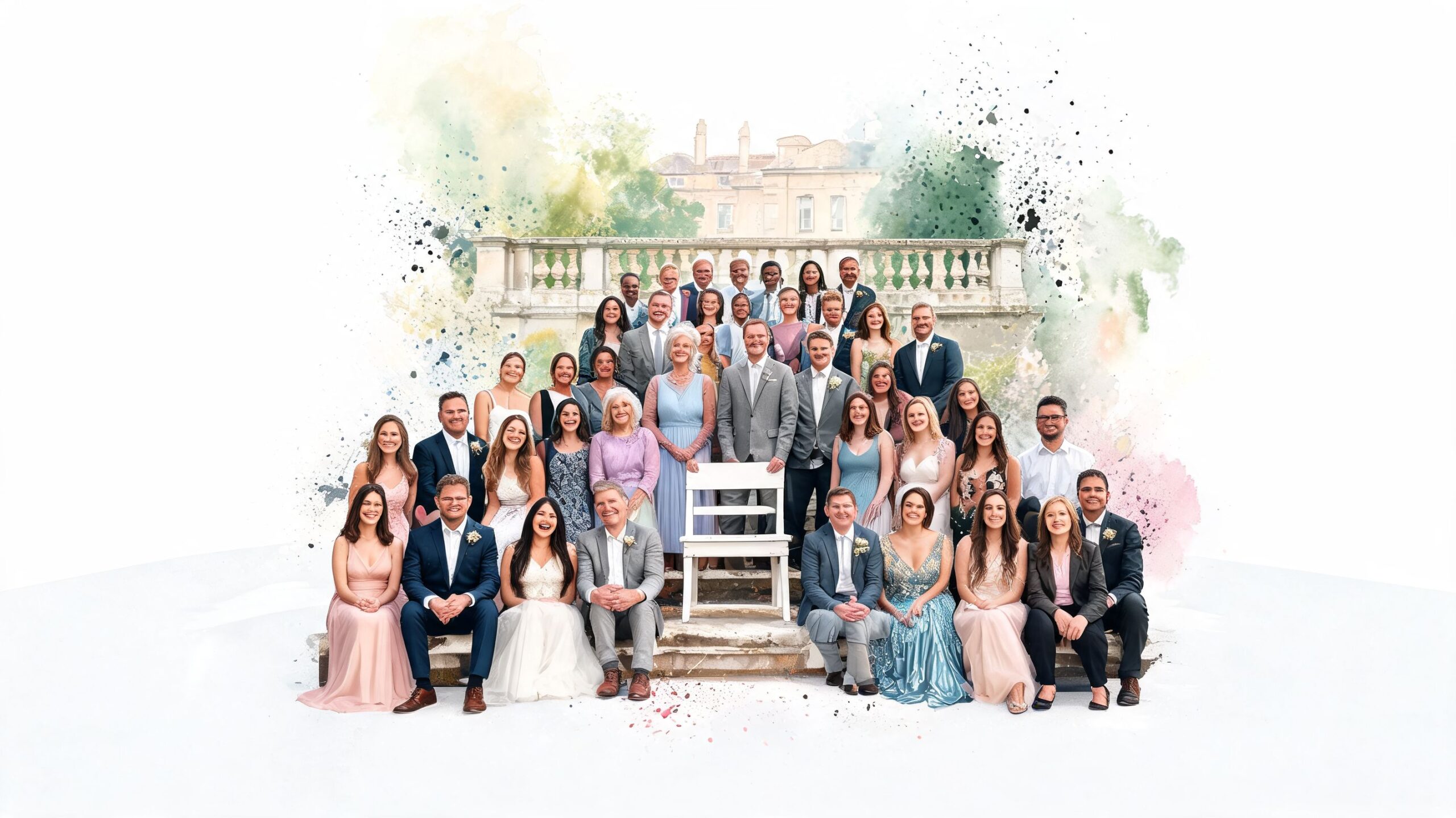 A large wedding party posing for a group portrait outdoors at a grand estate venue.