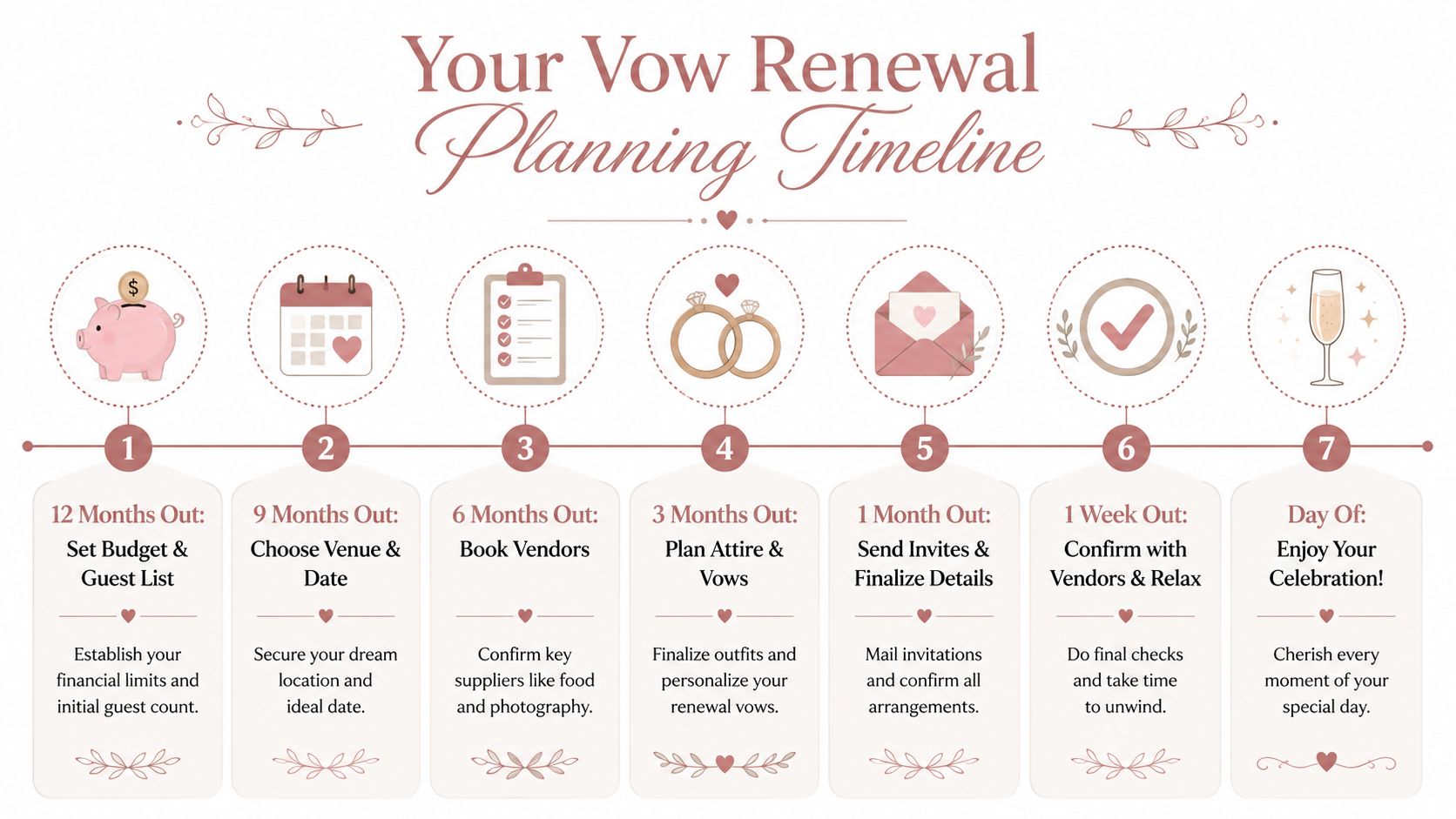 A seven-step infographic showing a timeline for planning a vow renewal celebration from start to finish.