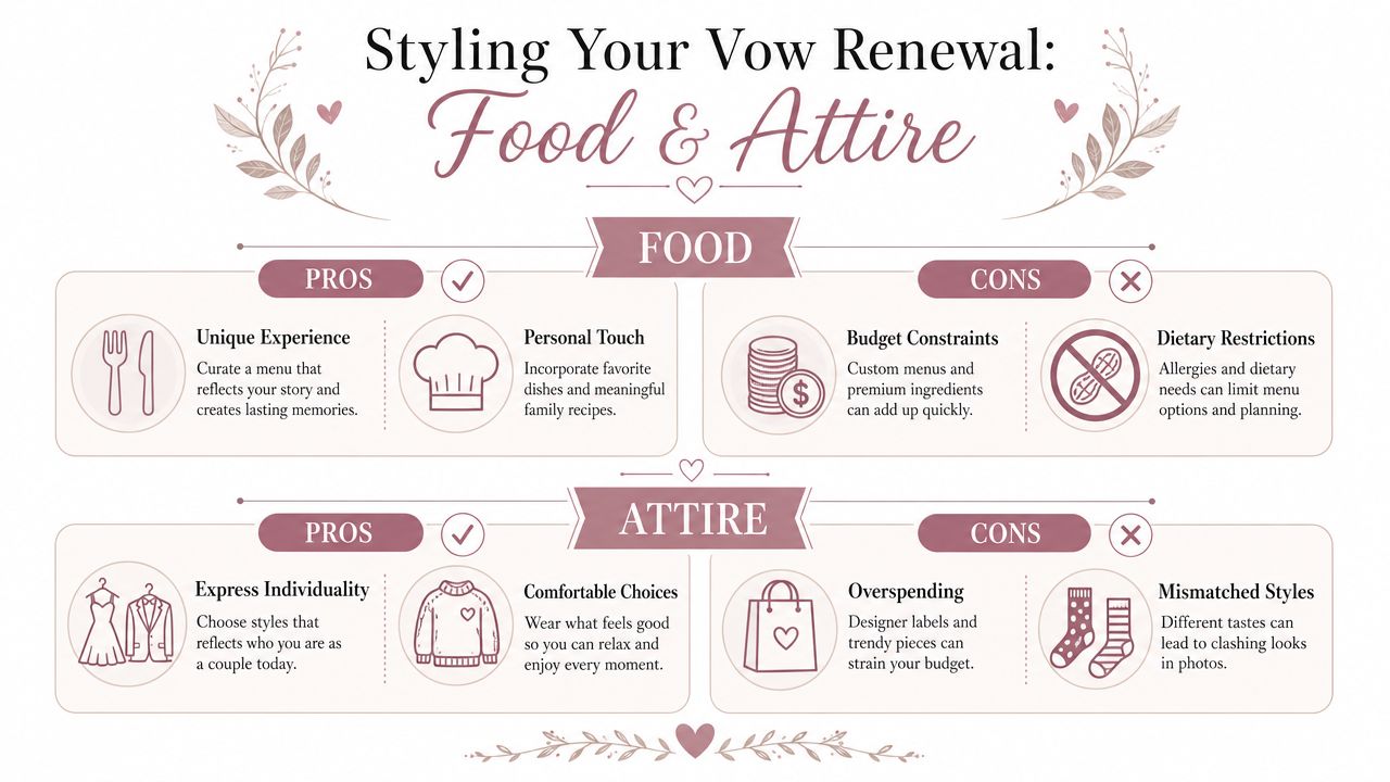 An infographic titled Styling Your Vow Renewal: Food & Attire with pros and cons for both categories.