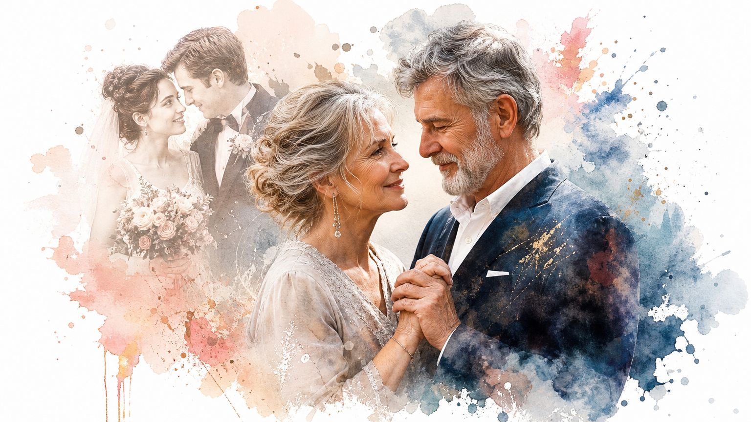 An elderly couple holding hands lovingly with a faded, watercolor-style reflection of their younger wedding day selves.