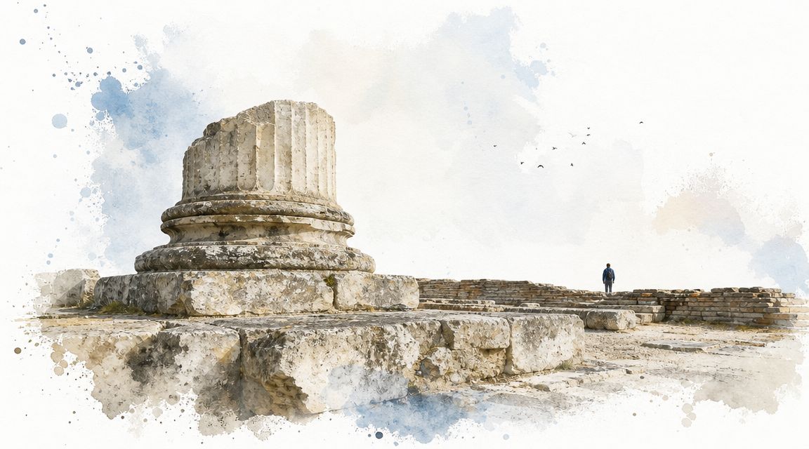 An ancient stone column base standing on historic ruins with a lone person standing in the distance.