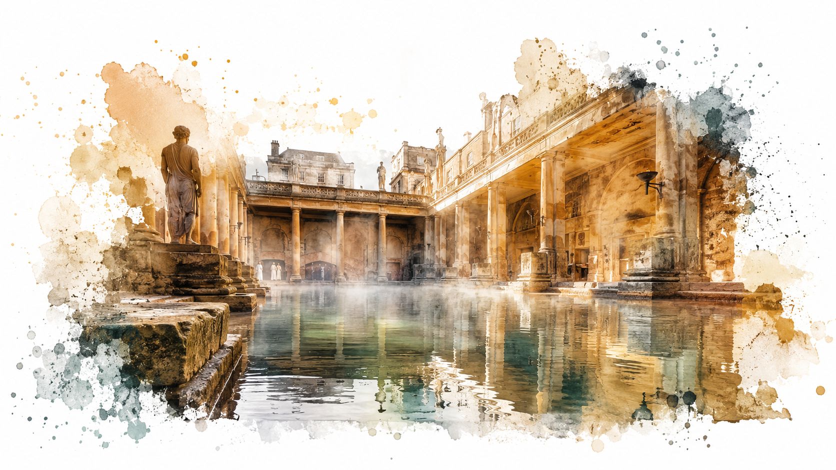 A watercolor artistic style depiction of the historic Roman Baths complex in the city of Bath, England.
