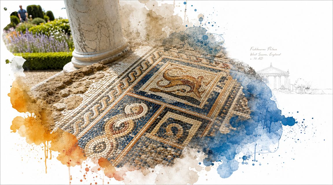 An artistic blend of a Fishbourne Roman Palace mosaic floor and a pencil sketch of the site.