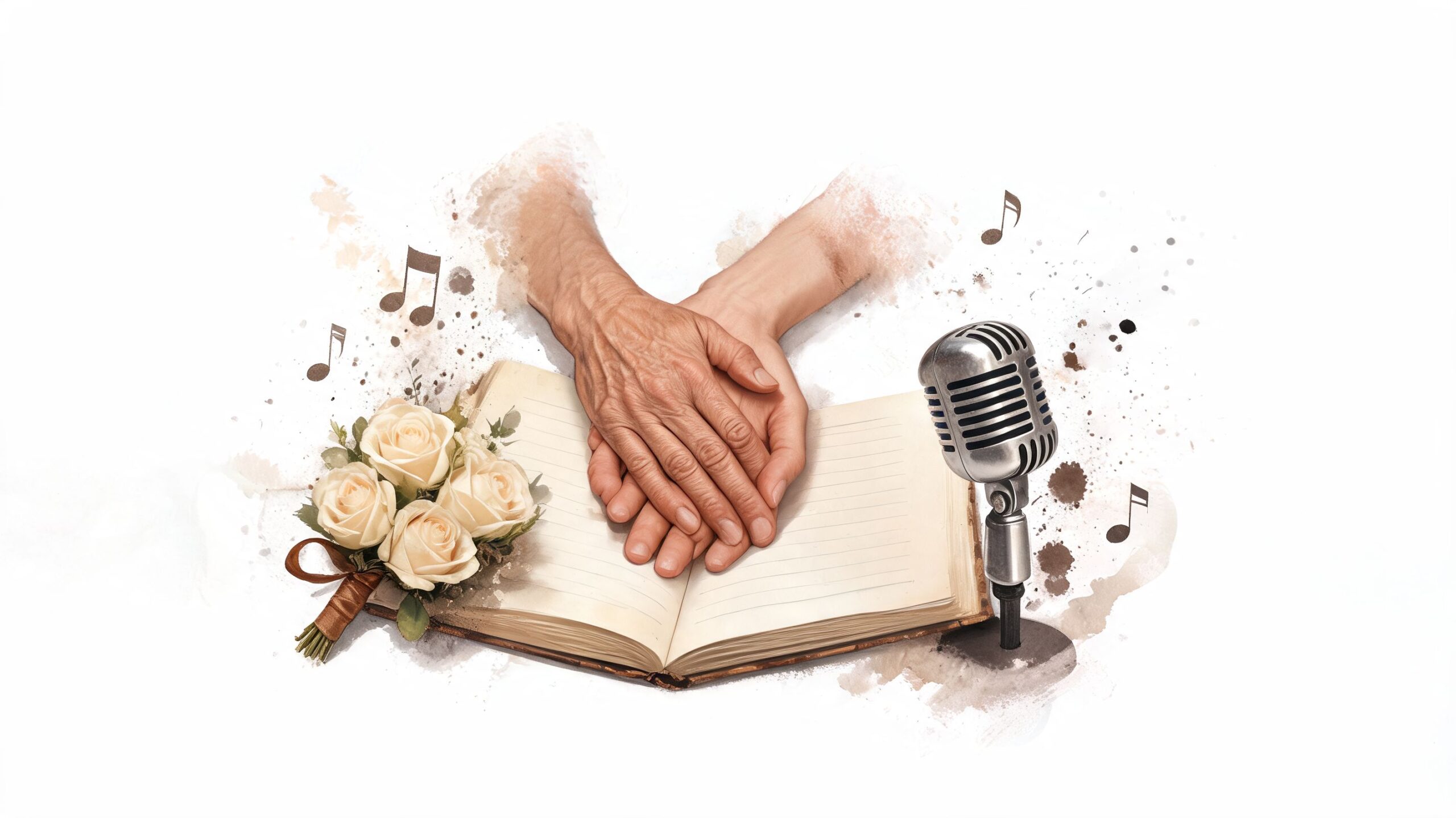 Two pairs of hands resting on an open journal next to a vintage microphone and roses.