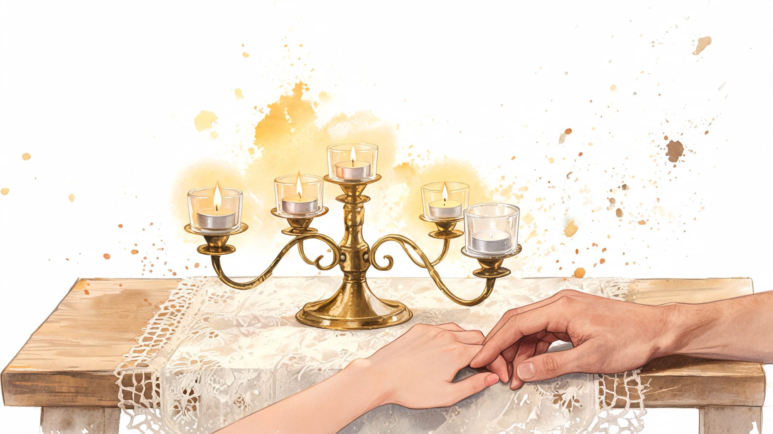 A romantic candlelit table setting featuring hands held together over a delicate lace runner on wood.
