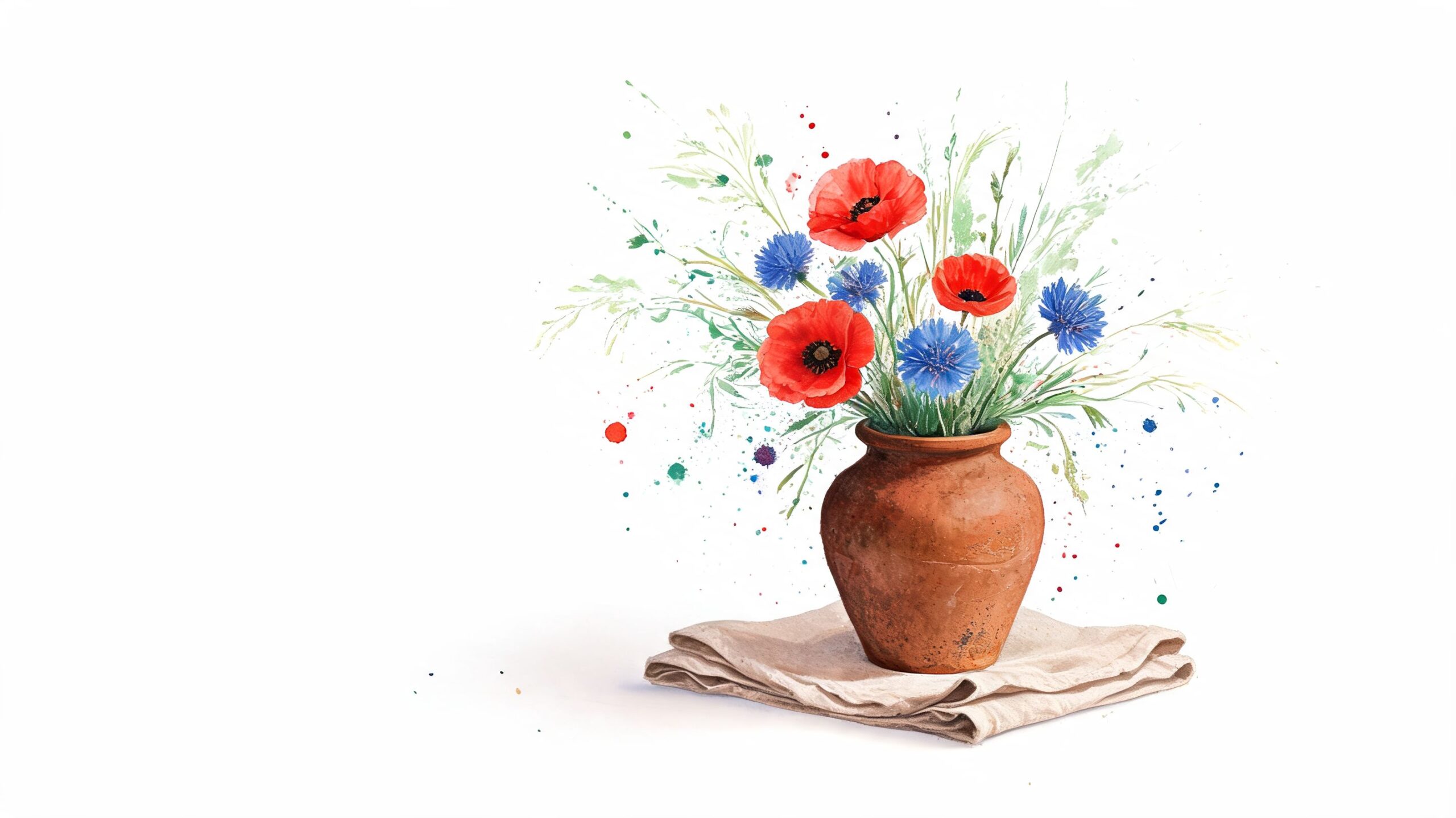 A rustic terracotta clay vase filled with vibrant red poppies and blue cornflowers on a linen cloth.
