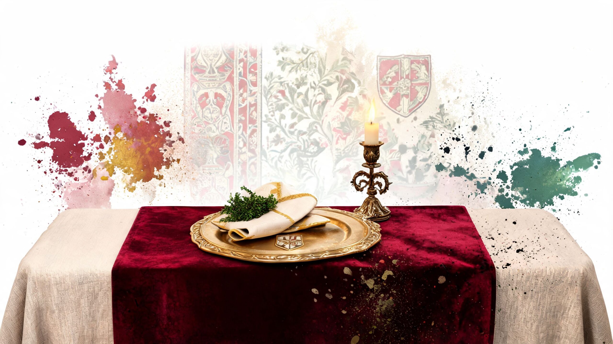 A decorated wooden table with a velvet red runner, gold platter, folded napkin, and a lit candle.