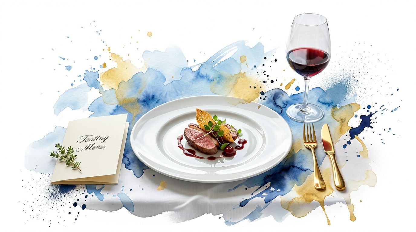 A gourmet duck dish served on a white plate with a red wine glass and tasting menu.
