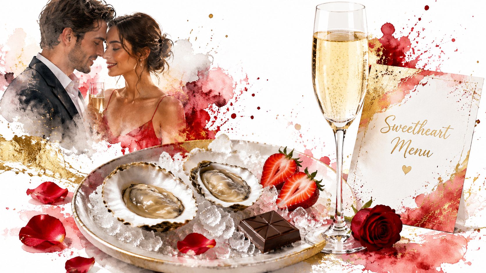 A romantic Valentines Day scene featuring a couple, fresh oysters on ice, strawberries, chocolate, champagne, and a menu.