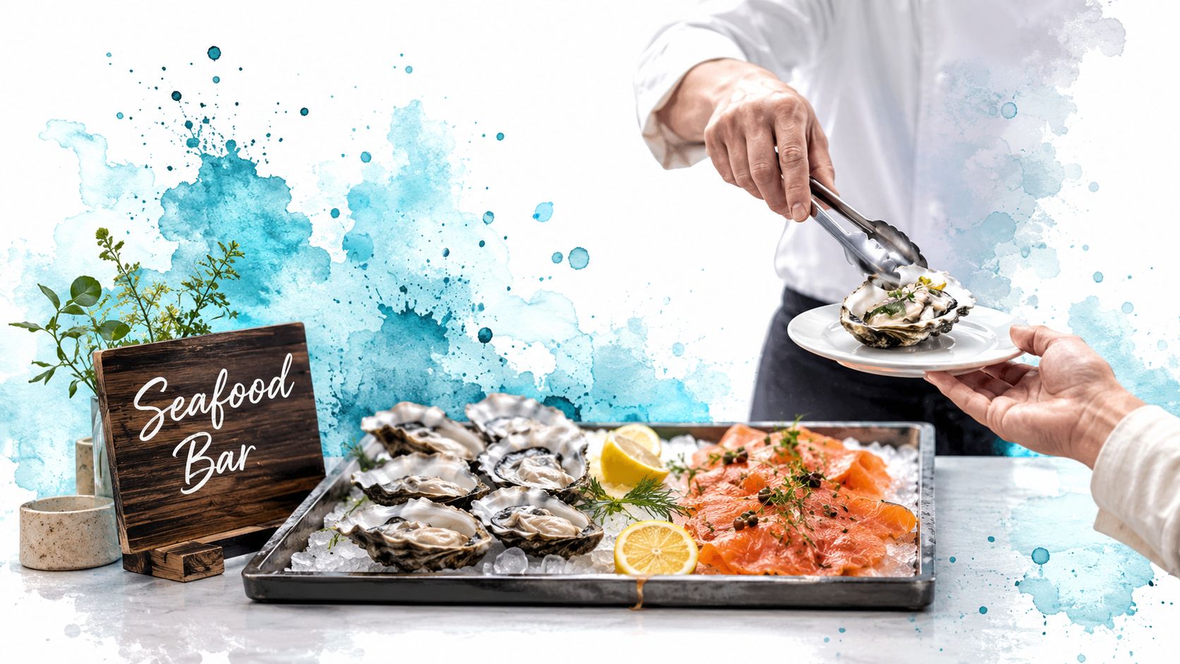 A chef serving a fresh oyster on a plate at a seafood bar with salmon and ice.