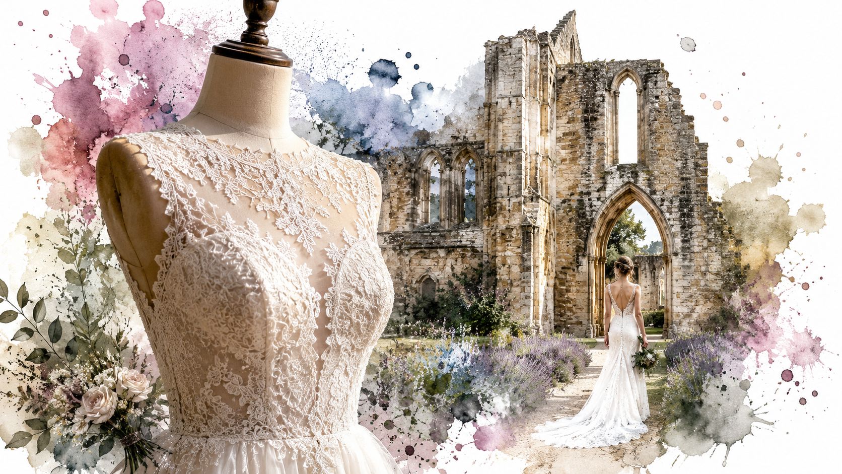 A delicate lace wedding dress on a mannequin with a scenic background of a historic ruined abbey.