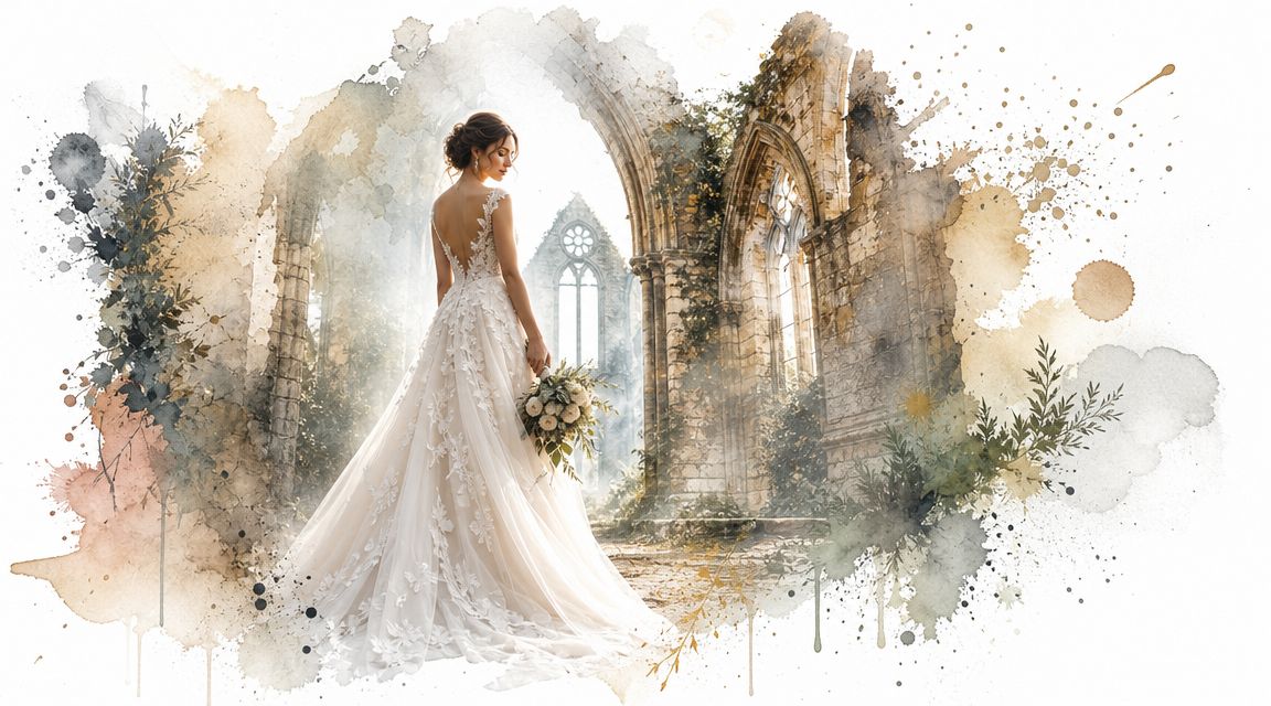 A bride in an elegant white lace wedding dress standing in the ruins of an old cathedral.