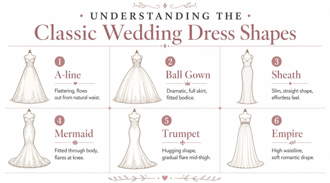 An infographic showing six classic wedding dress shapes including A-line, Ball Gown, Sheath, Mermaid, Trumpet, and Empire.