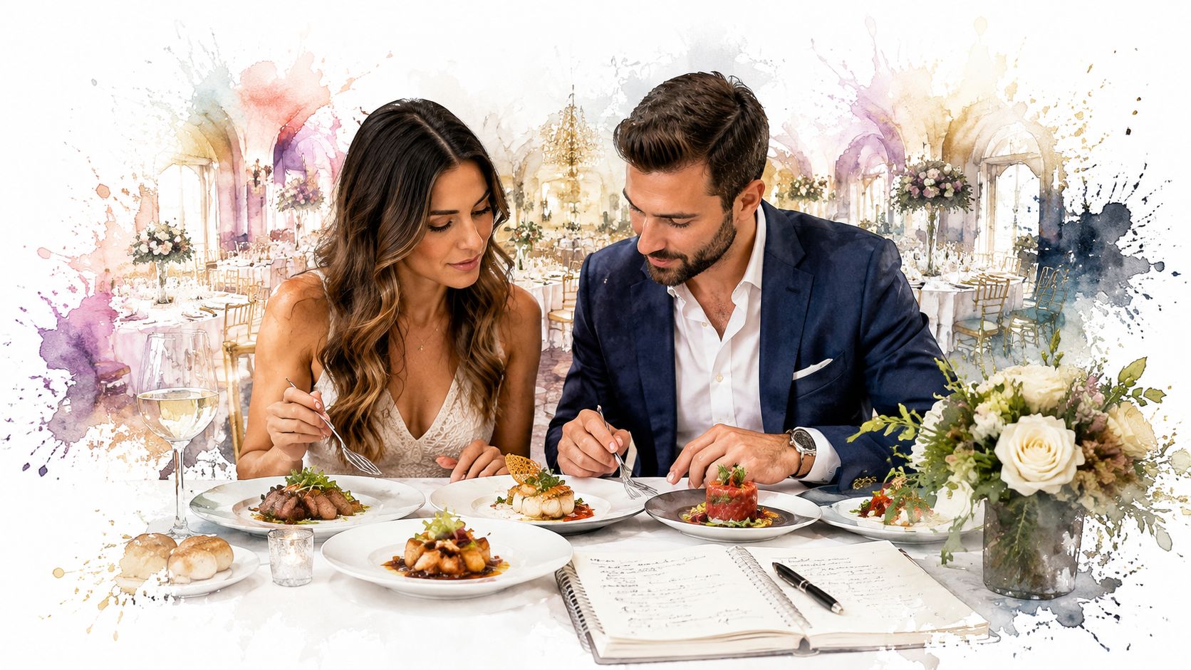 A sophisticated couple enjoying a gourmet dining experience at a wedding reception with elegant floral table settings.