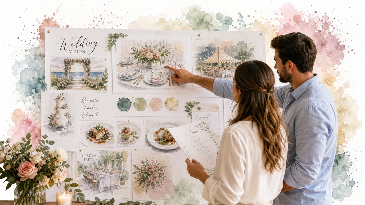 A couple looking at a mood board featuring watercolor illustrations of wedding table settings and menus.