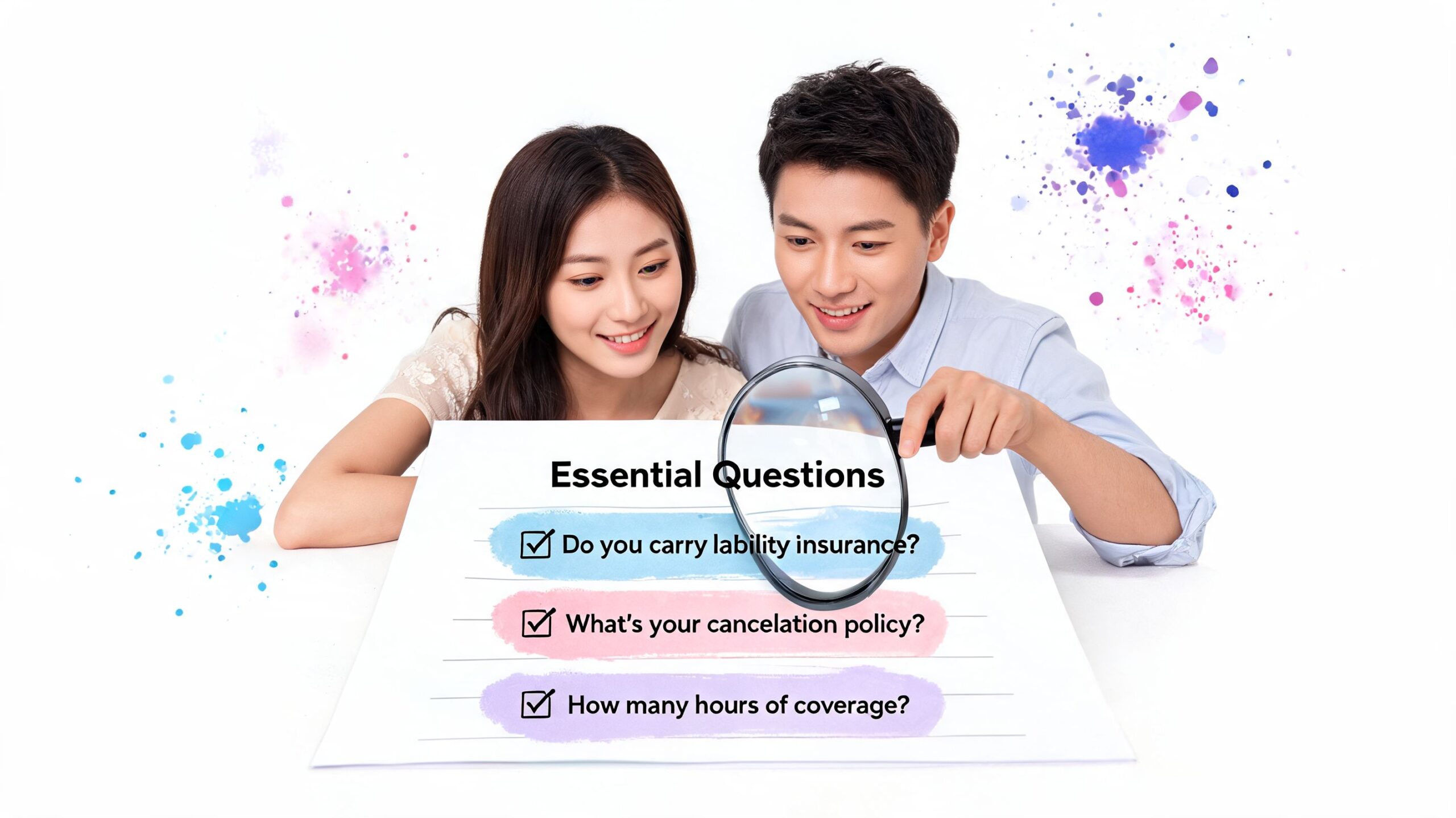 A young couple looking through a magnifying glass at a checklist of essential wedding photographer questions.