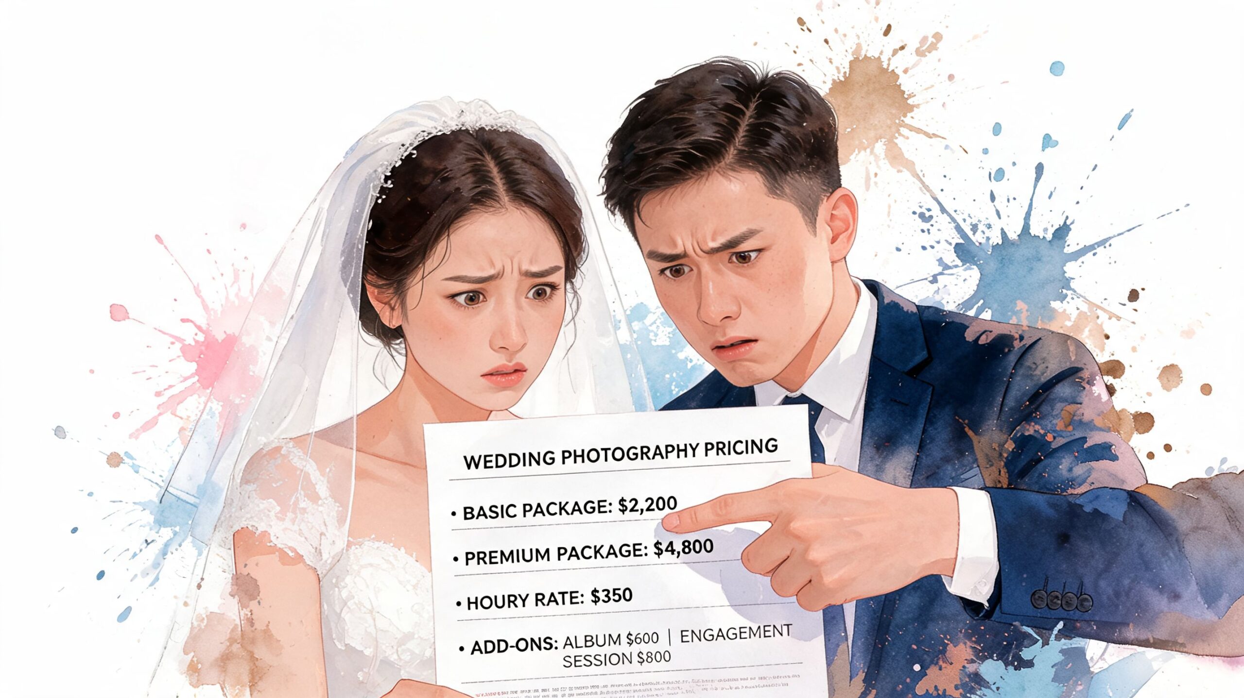 A distressed bride and groom looking at a sheet of expensive wedding photography pricing options together.