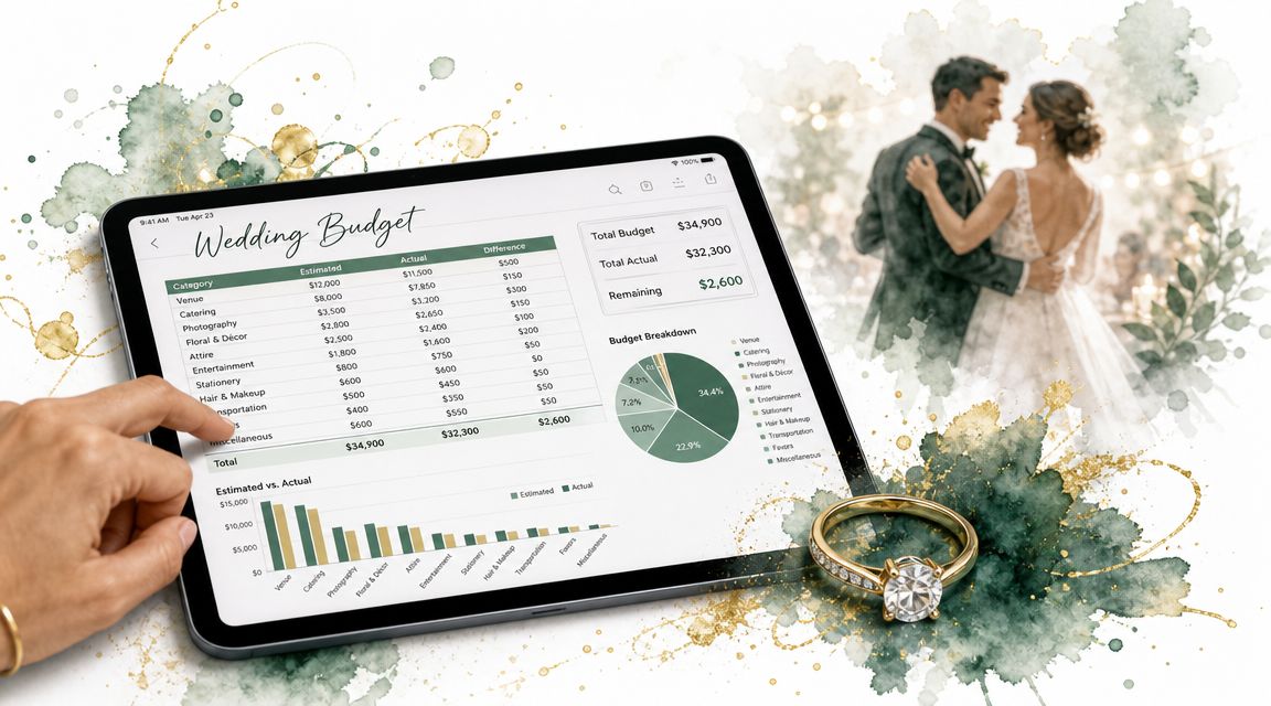 A hand touching a tablet screen showing a detailed wedding planning spreadsheet with charts and financial data.