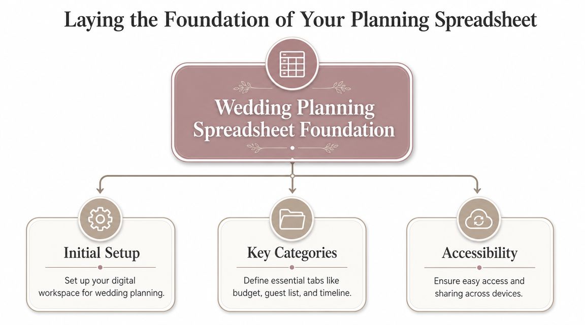 A flowchart titled Wedding Planning Spreadsheet Foundation showing steps for initial setup, key categories, and accessibility.