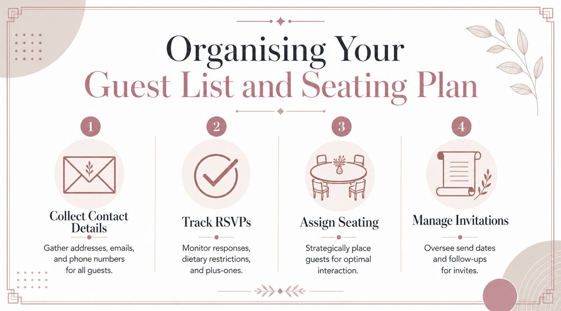 A wedding planning graphic showing four steps for managing a guest list and seating arrangement.