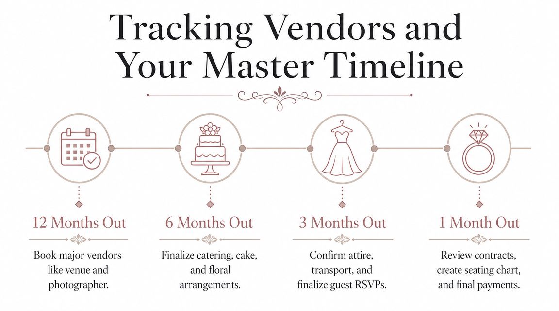 A wedding planning infographic timeline showing key tasks to complete 12, 6, 3, and 1 month before.
