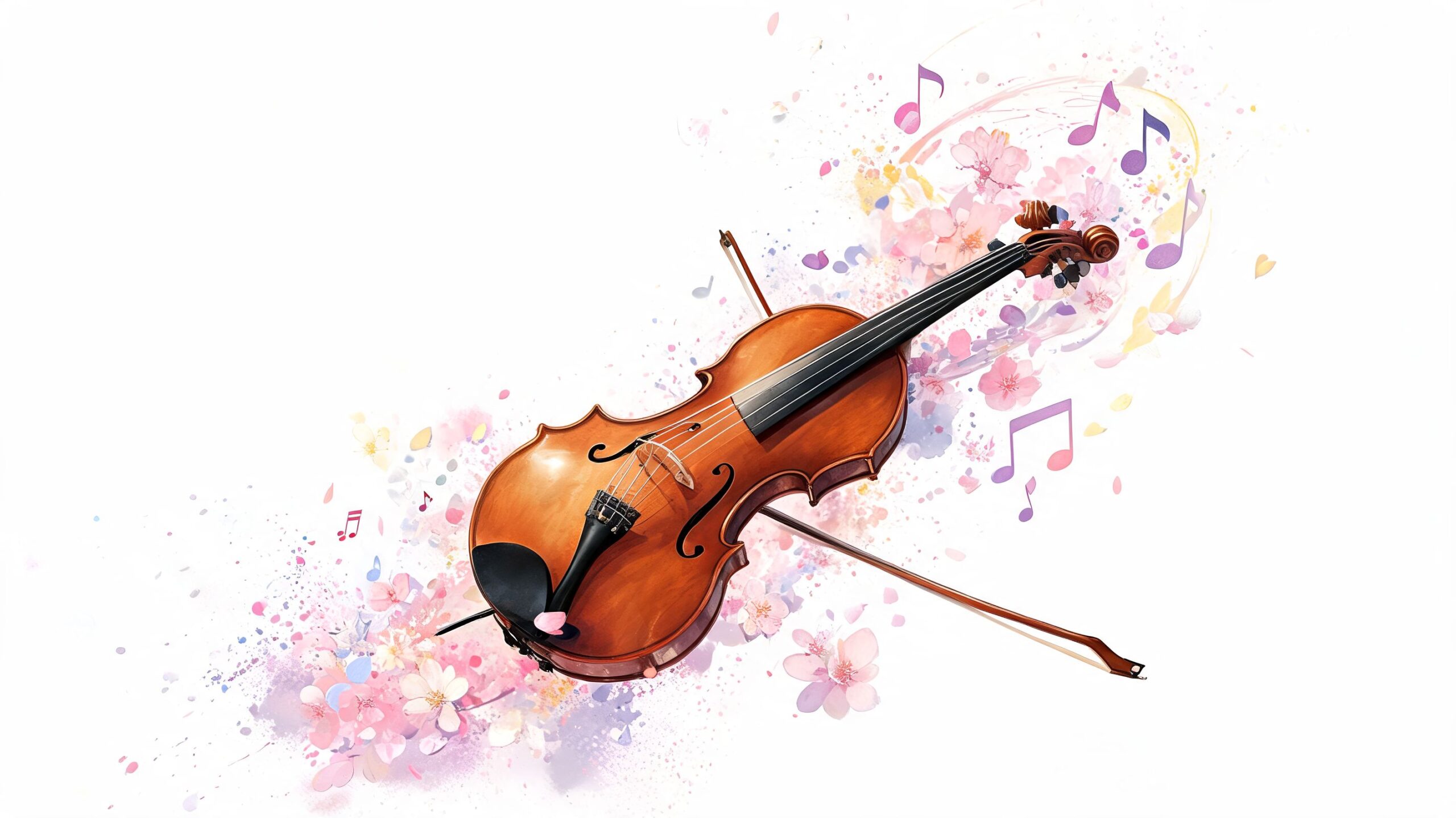 A wooden violin with a bow surrounded by soft pink cherry blossom flowers and musical notes.