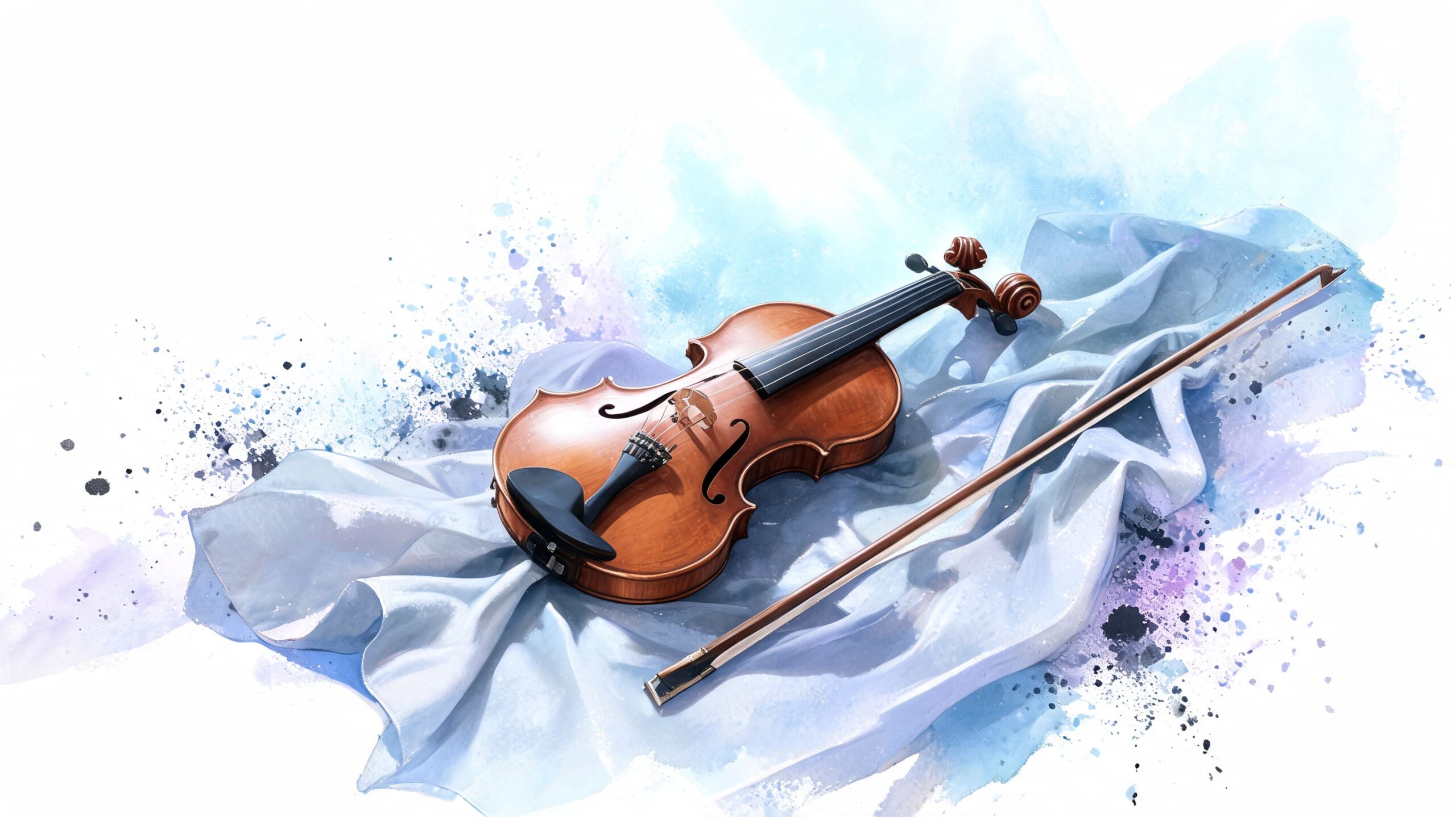 A classic wooden violin and bow resting on soft blue fabric with a watercolor background splash.
