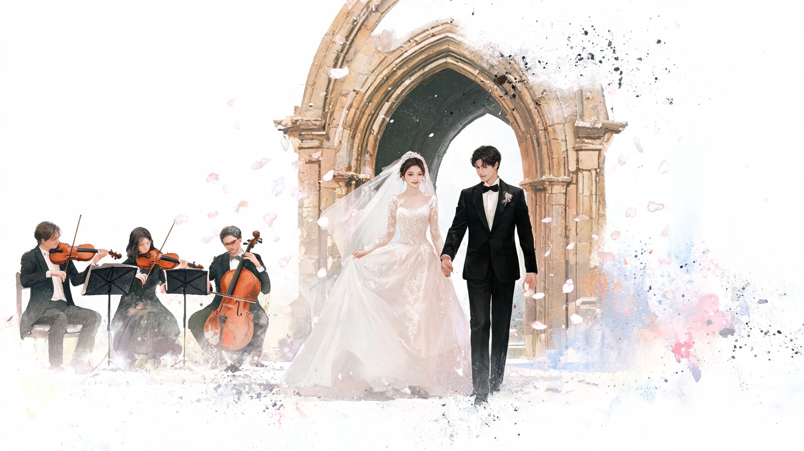 A bride and groom walking hand in hand through an archway with a string quartet playing music
