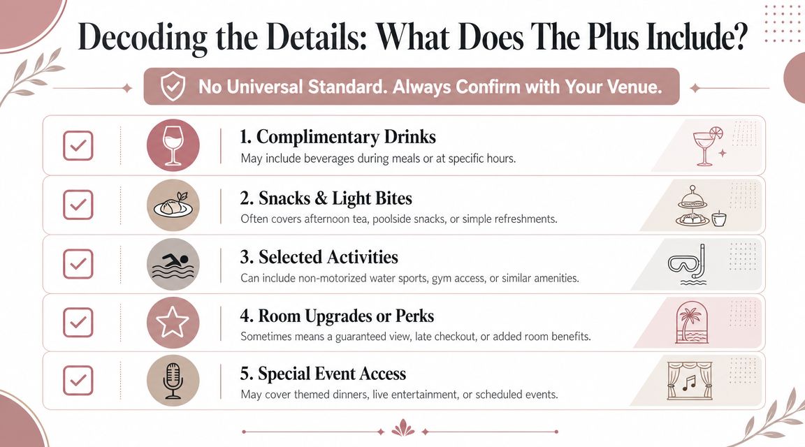 A helpful graphic detailing five common amenities included in a hotel plus package, such as drinks and activities.