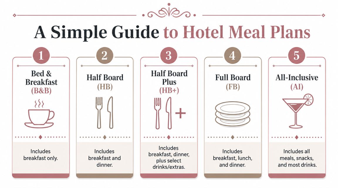A simple guide explaining five different types of hotel meal plans, from bed and breakfast to all-inclusive.