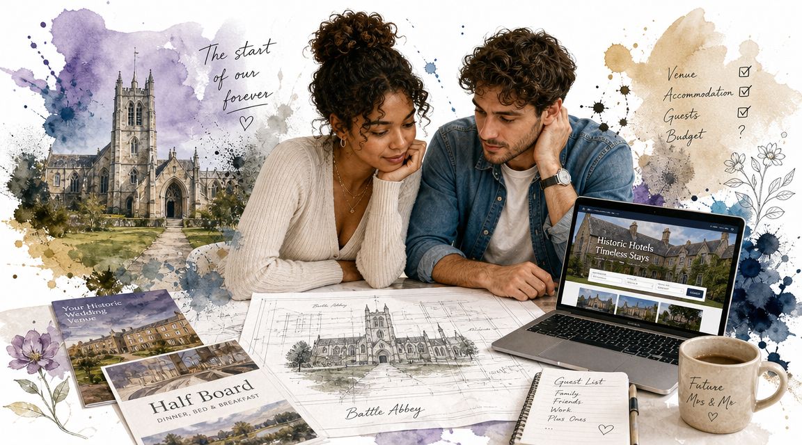A young couple planning their wedding while looking at a laptop and architectural sketches of a church.