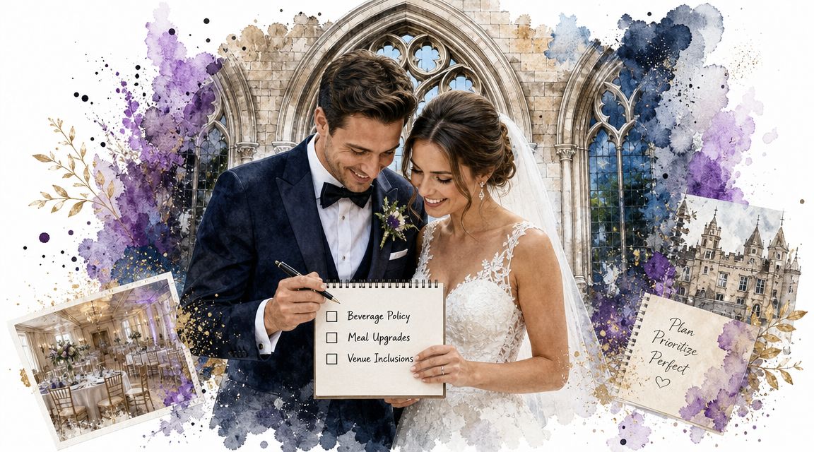A happy bride and groom planning their wedding details with a checklist inside an elegant venue.