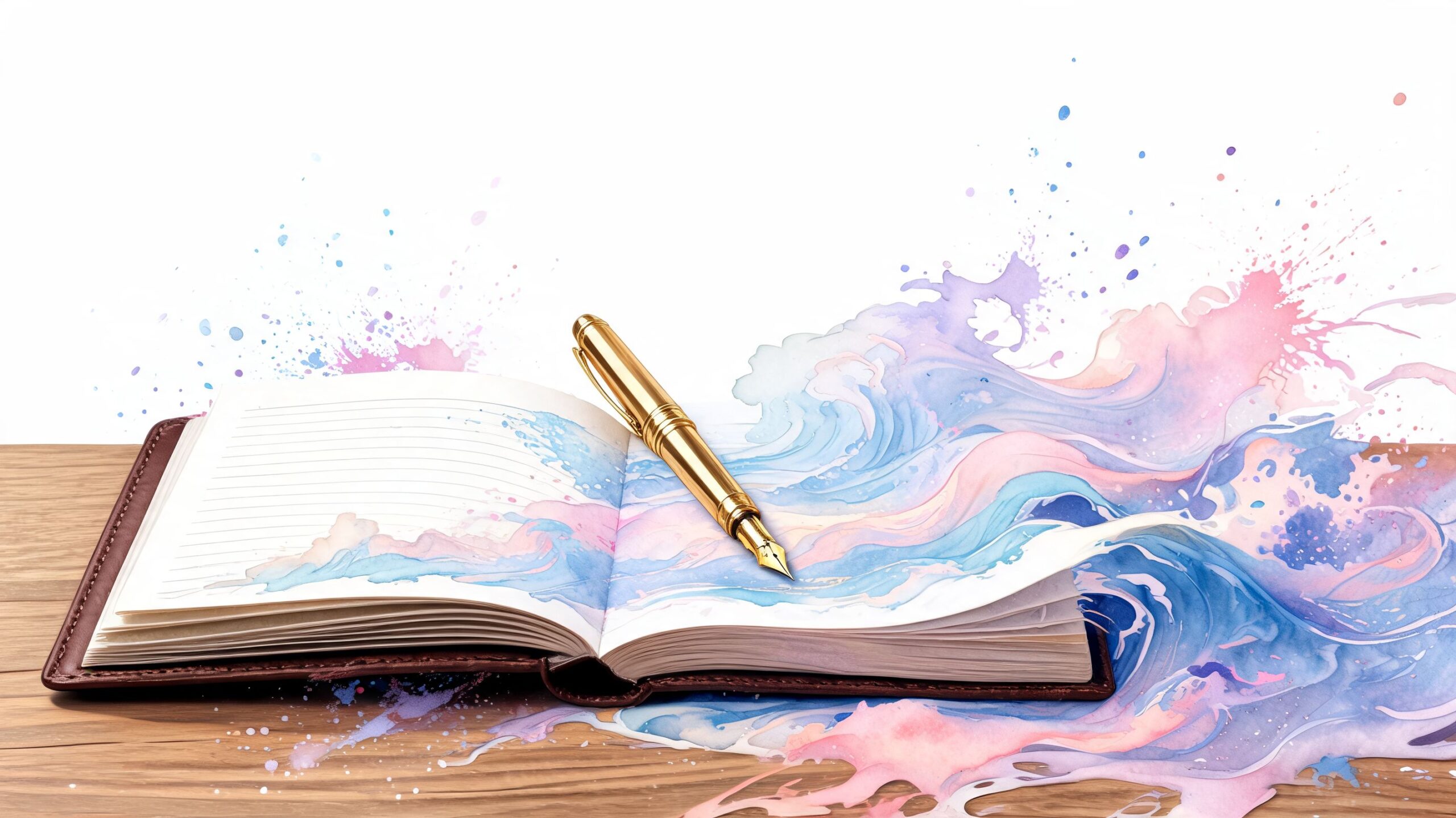 An open notebook with a gold fountain pen surrounded by colorful watercolor splashes on a wooden table.