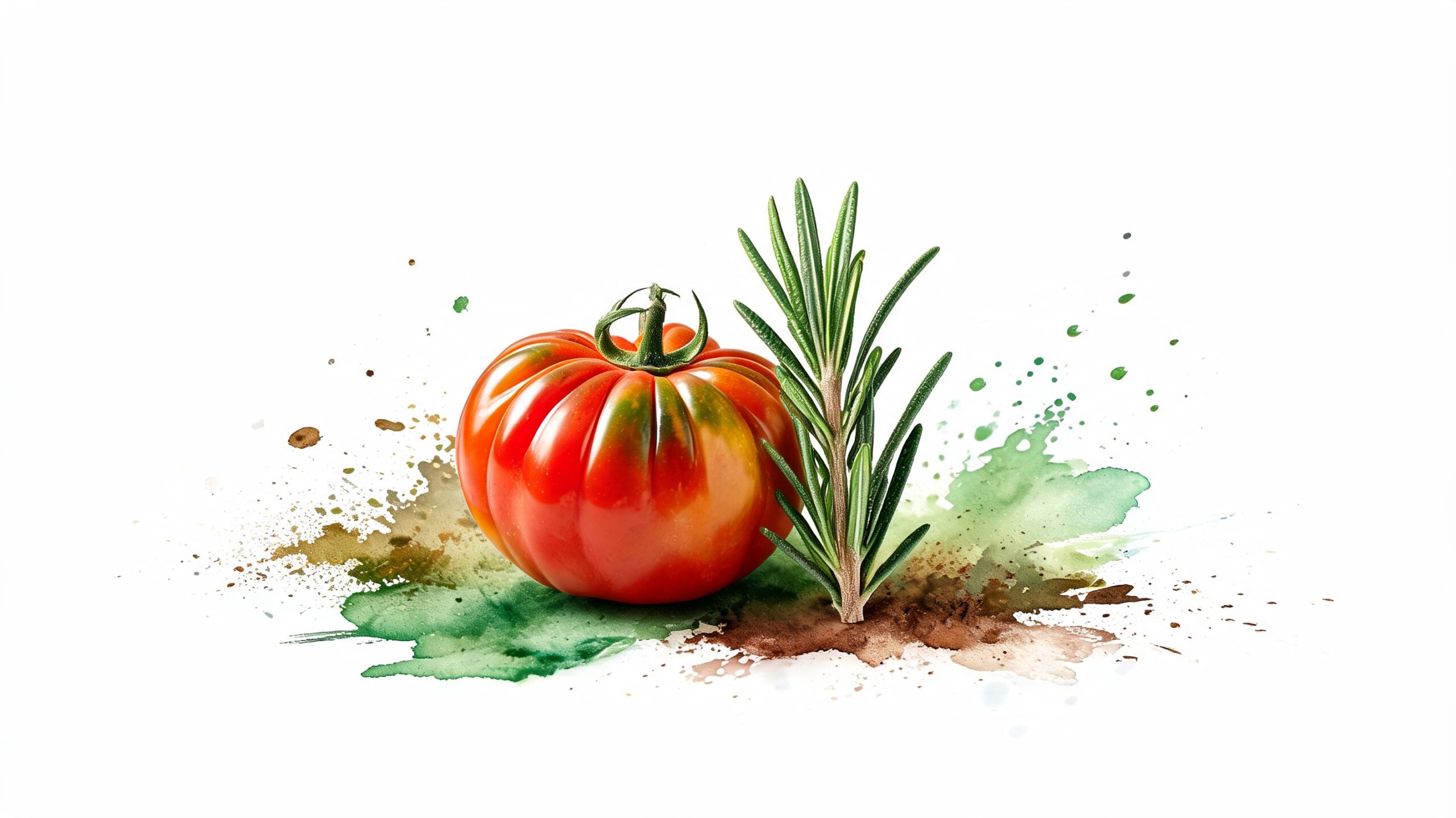 A ripe, ridged tomato next to a sprig of fresh rosemary on a colorful watercolor background.