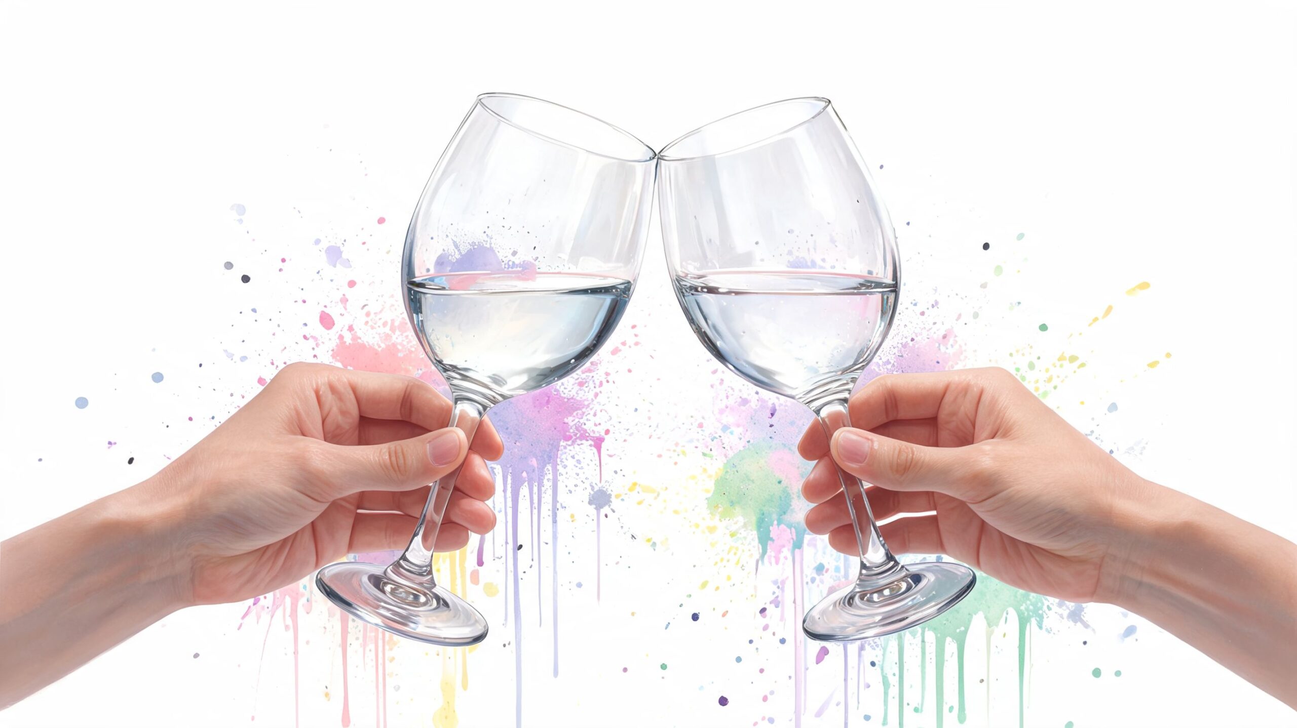 Two hands holding wine glasses filled with clear liquid together in a celebratory toast with watercolor splashes.