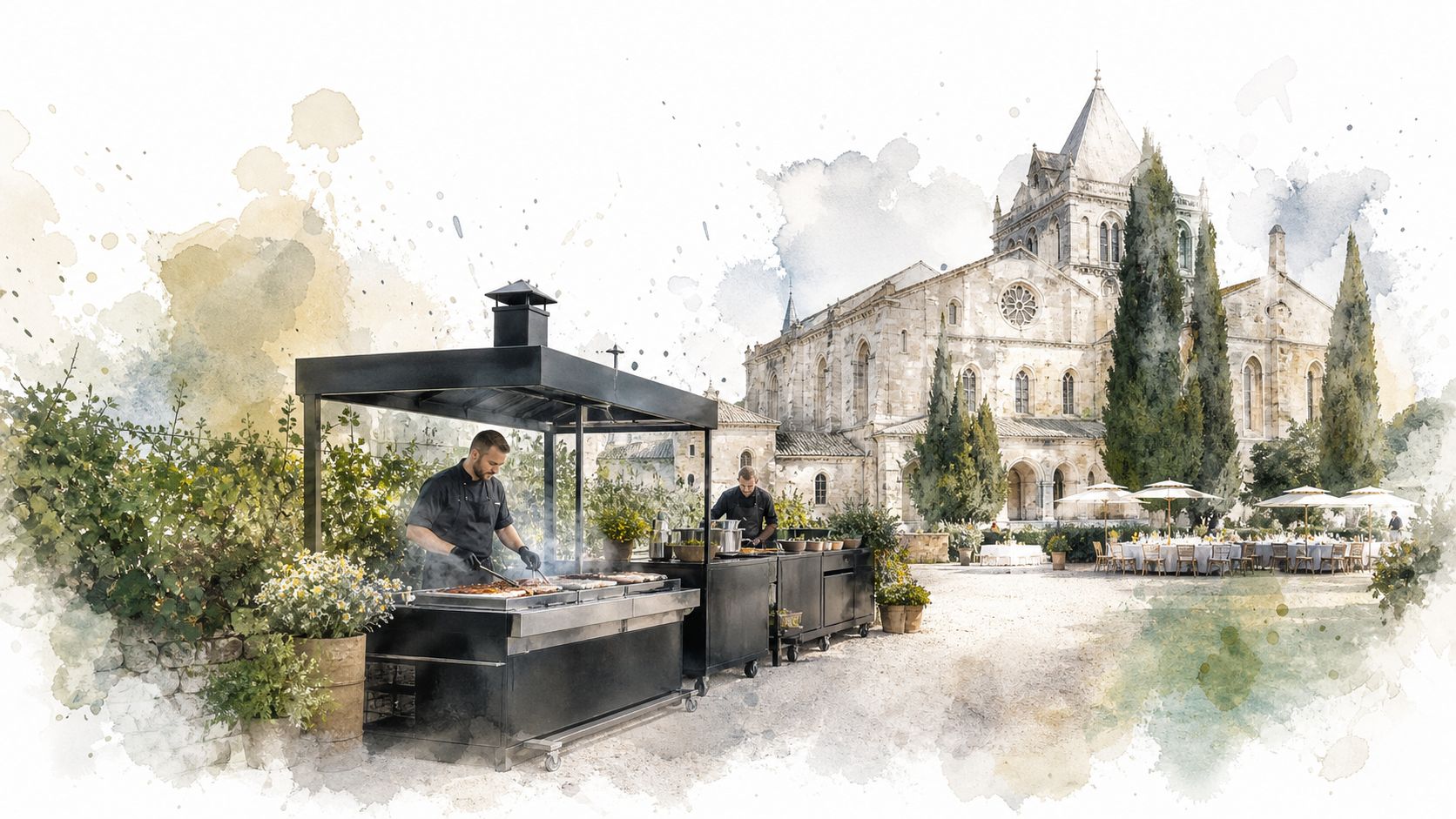 Two chefs preparing barbecue wedding catering outdoors in front of a historic stone church during a reception.