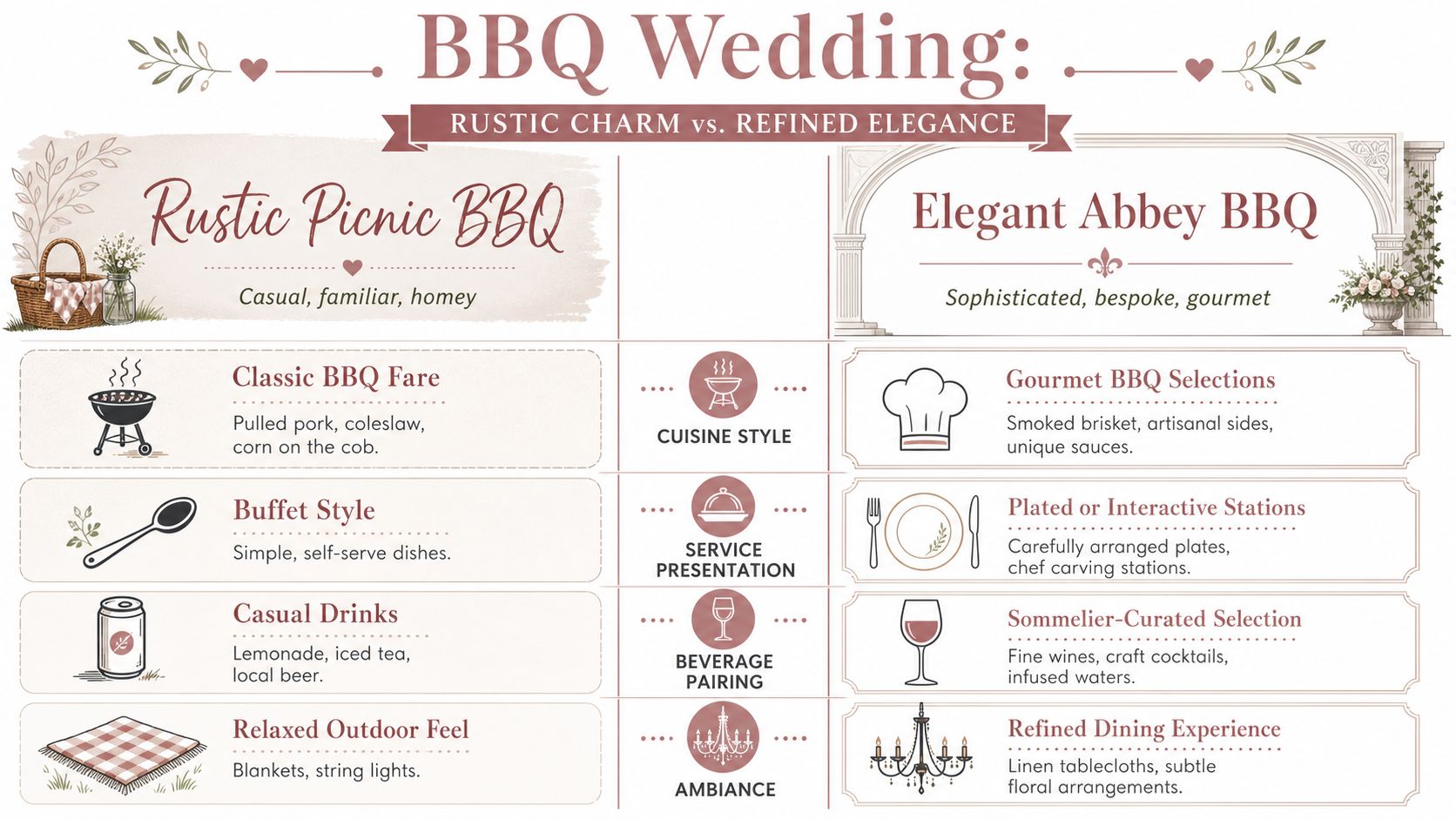 A comparison chart showing two BBQ wedding styles: Rustic Picnic BBQ versus Elegant Abbey BBQ with details.