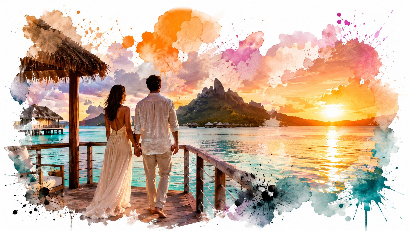 A couple holds hands while standing on a wooden deck overlooking Bora Bora at sunset.