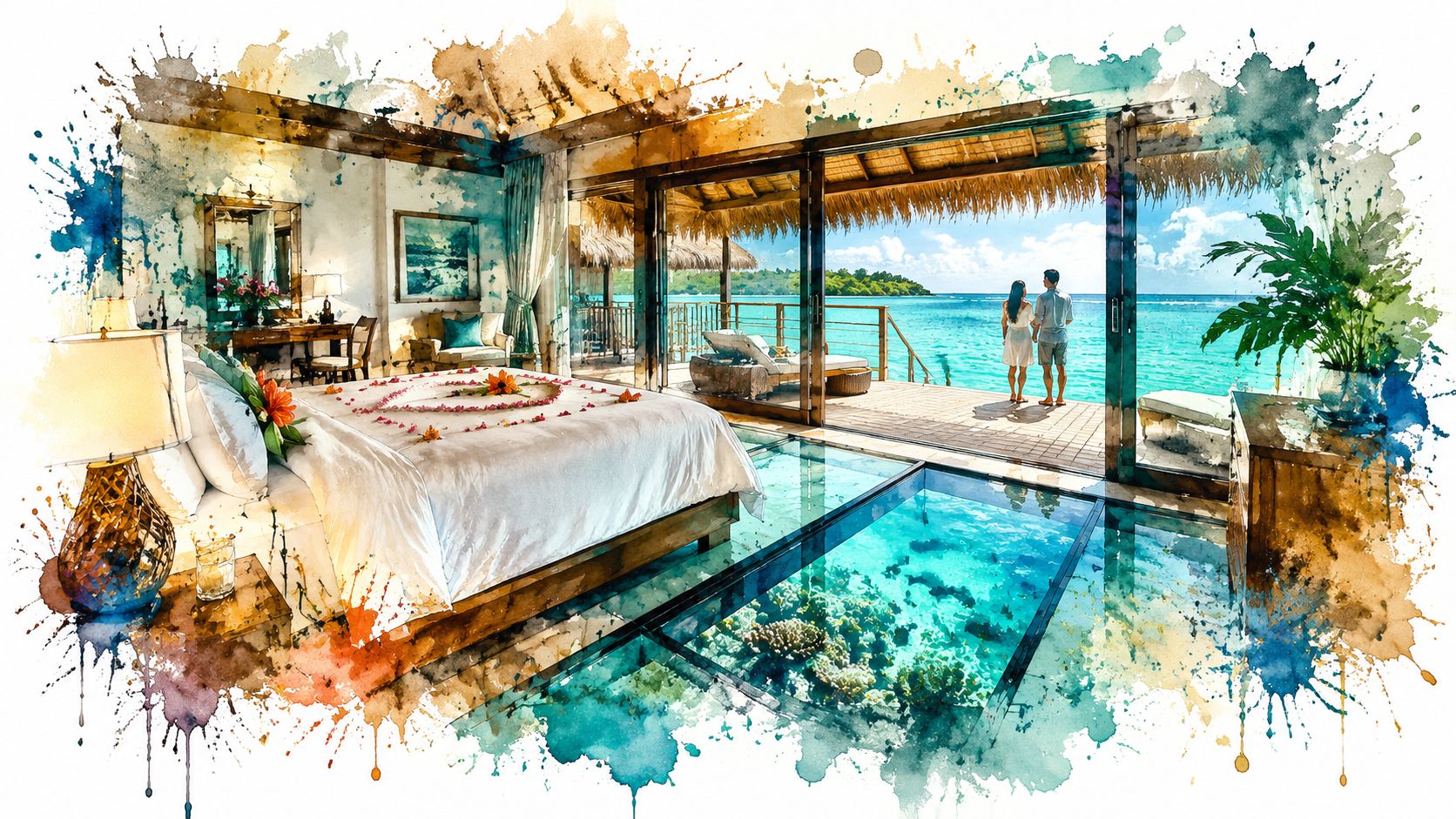 A romantic luxury villa over the turquoise ocean in Bora Bora with a glass floor bedroom.