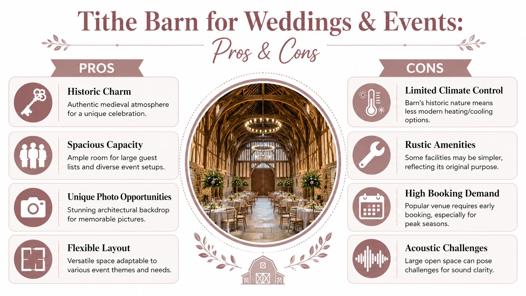 An infographic listing the pros and cons of using a historic tithe barn for weddings and events.