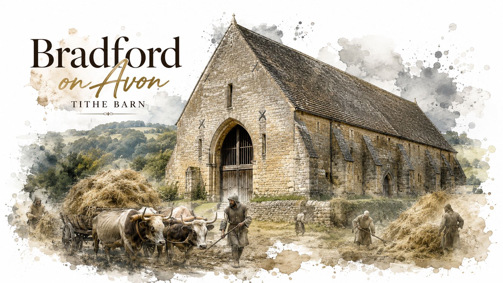 A watercolor illustration of the historic medieval Tithe Barn in Bradford on Avon with farmers and oxen.