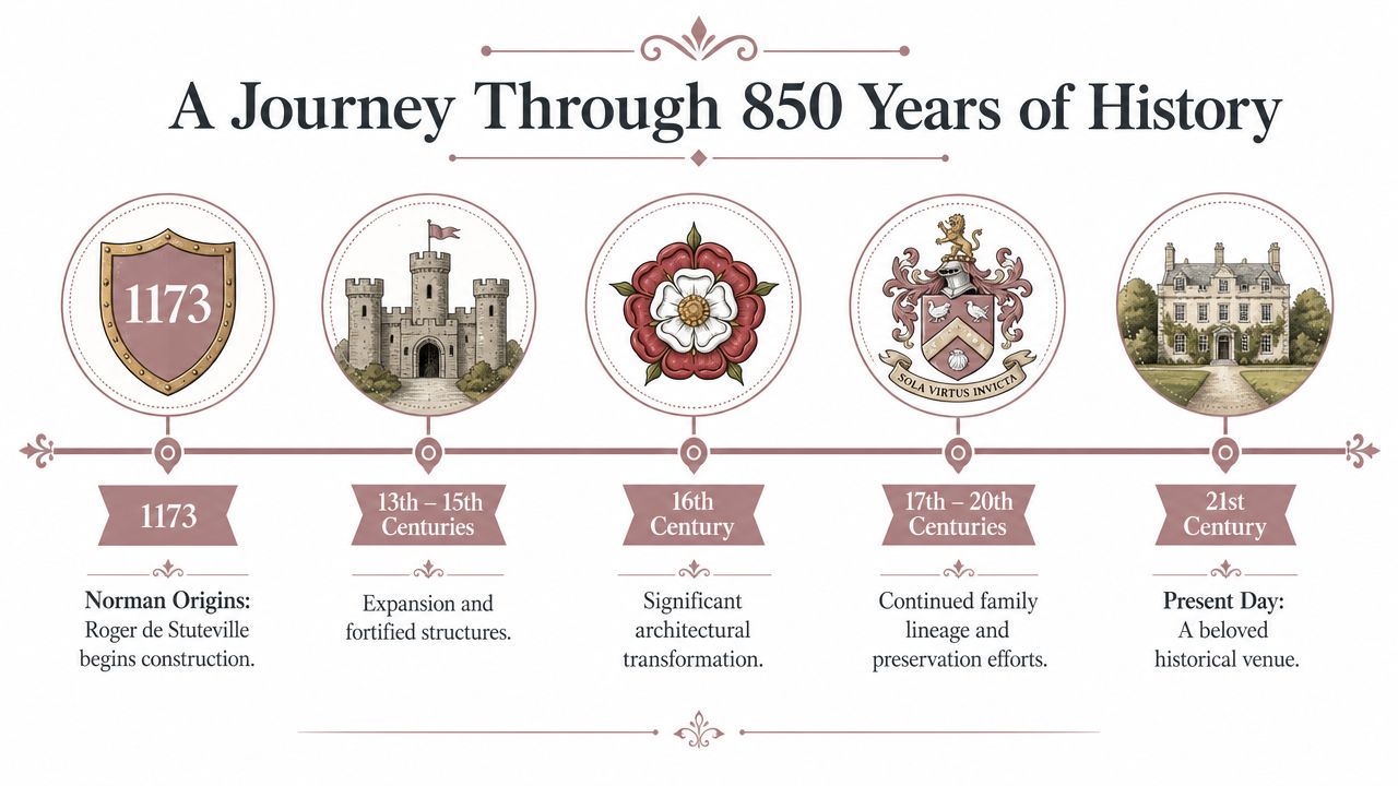 An illustrated historical timeline of Burton Agnes Manor House depicting its development from 1173 to the present day.