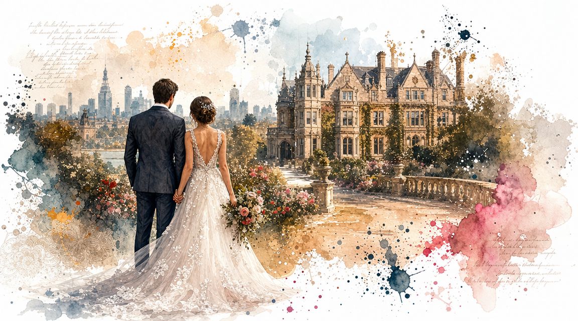 A newlywed couple standing in front of a grand manor house, rendered in a beautiful watercolor style.