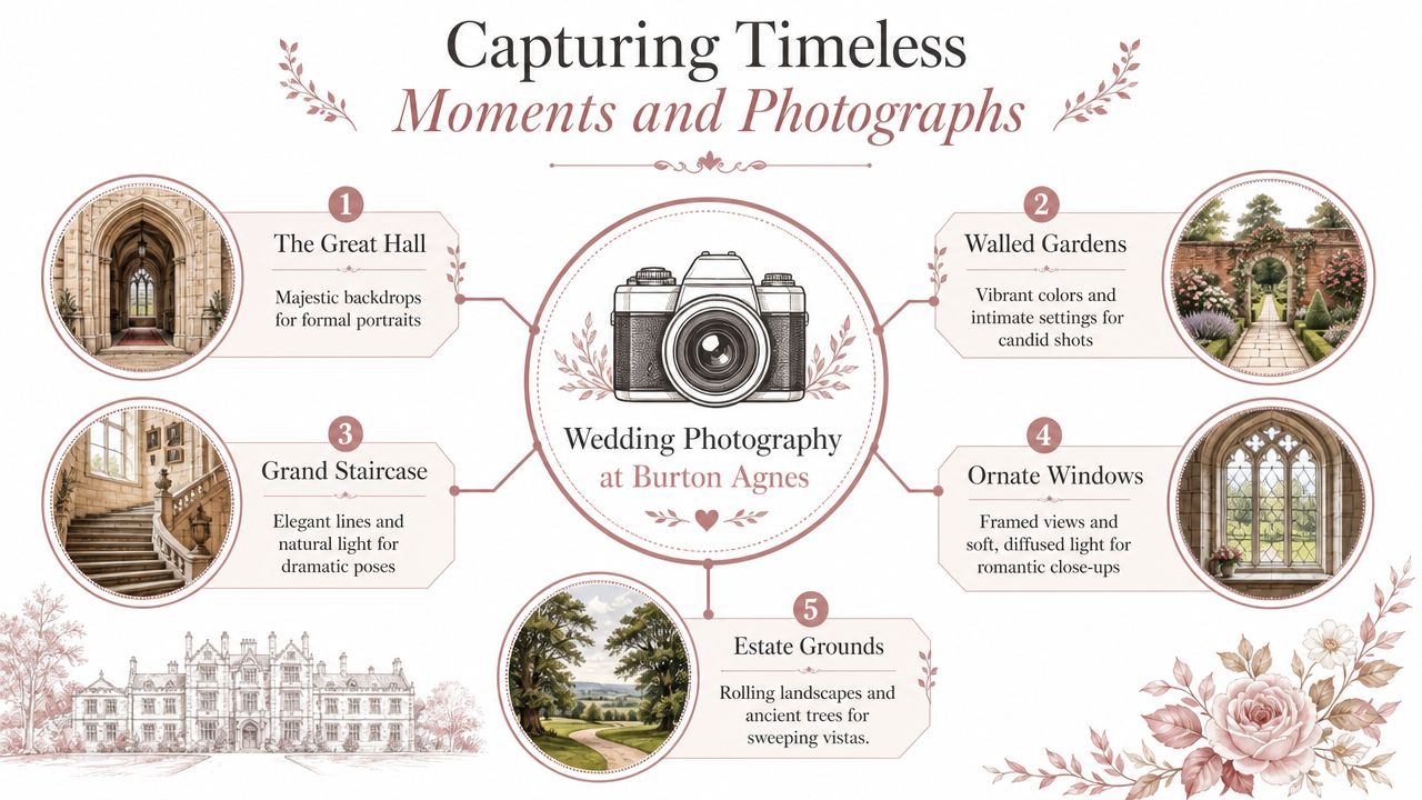 An infographic detailing five scenic wedding photography locations at the historic Burton Agnes estate with elegant illustrations.
