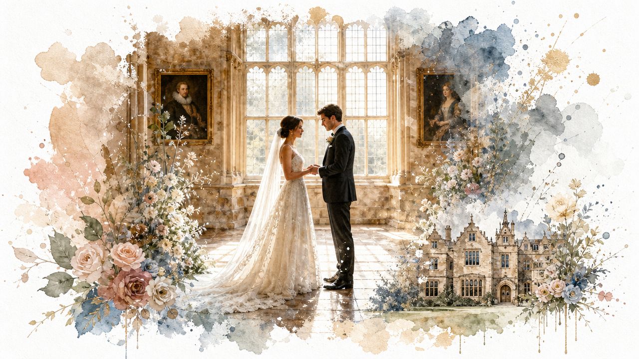 A newlywed couple holding hands inside the elegant, historic Burton Agnes Manor House during their wedding ceremony.