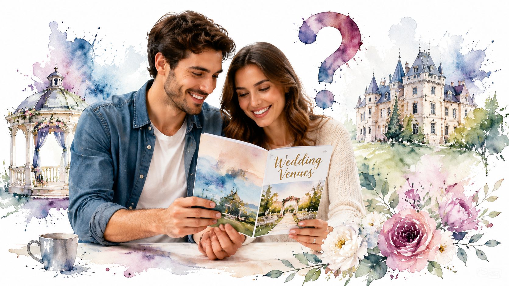 A happy couple looks through a wedding venue brochure while choosing a location for their big day.