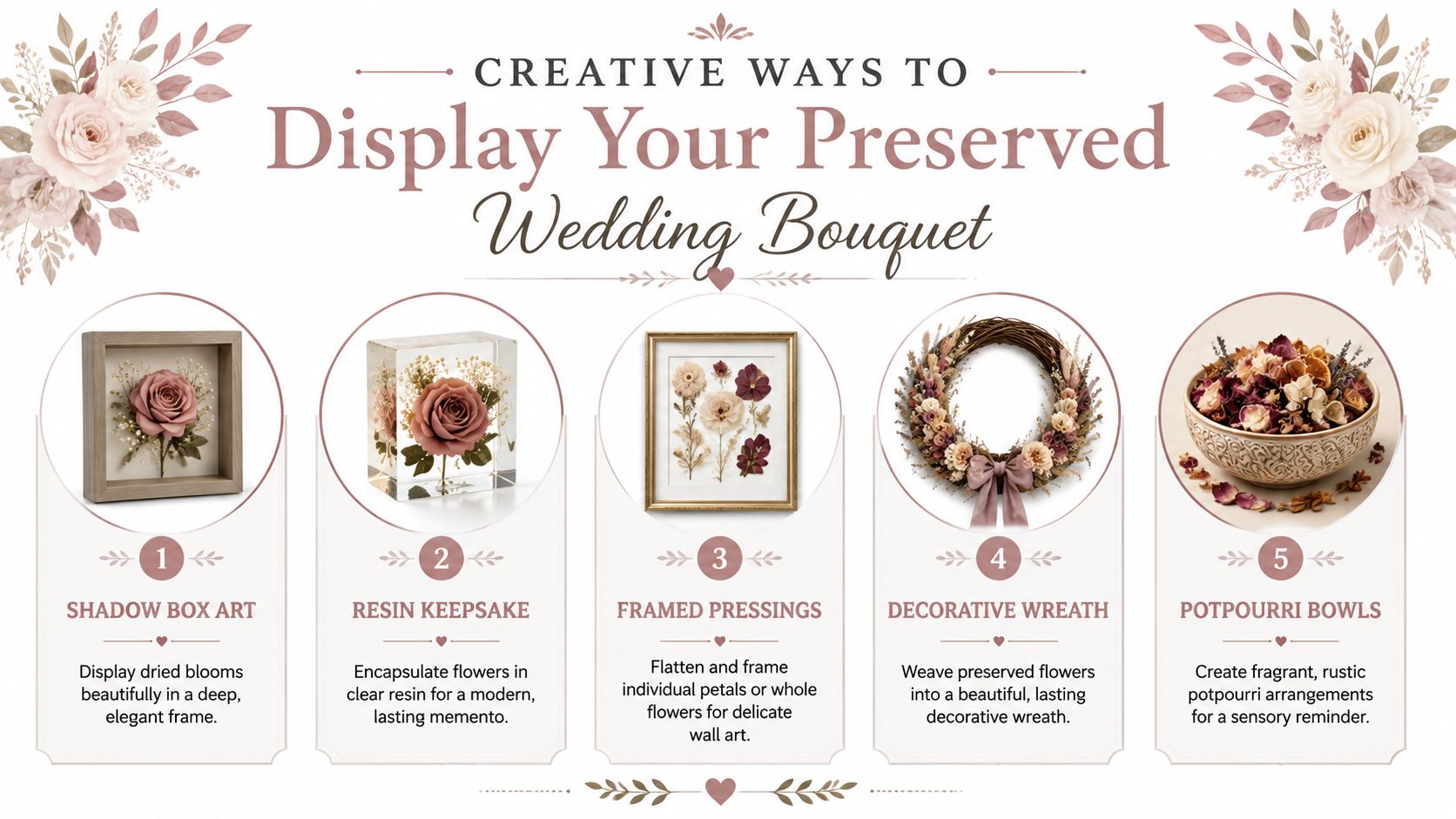 An infographic illustrating five creative ways to preserve and display wedding bouquets, featuring photos and descriptive text.