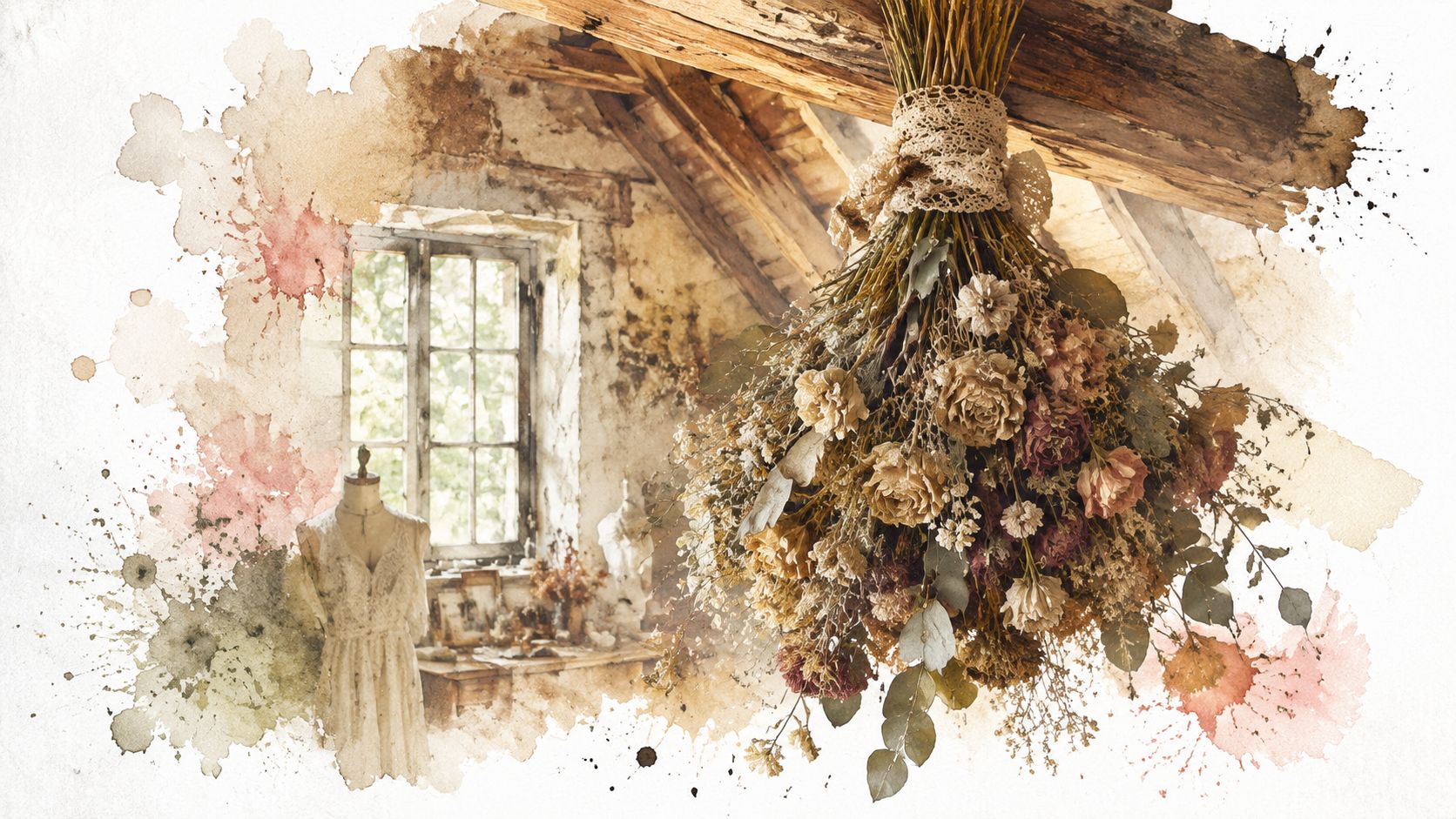 A rustic arrangement of dried wedding flowers hanging from a wooden beam in a vintage attic studio.
