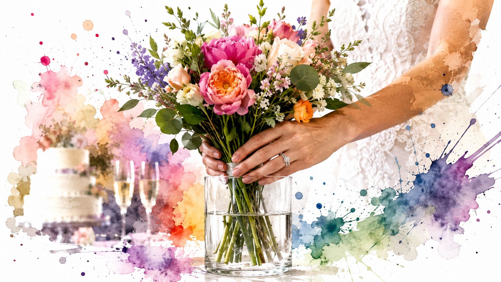 A bride arranges a vibrant, fresh floral bouquet into a clear glass vase for preservation.