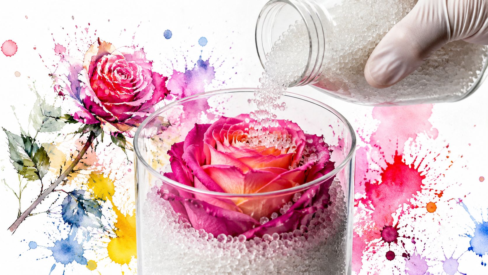 A hand wearing a glove pouring silica gel beads over a pink rose in a glass jar.